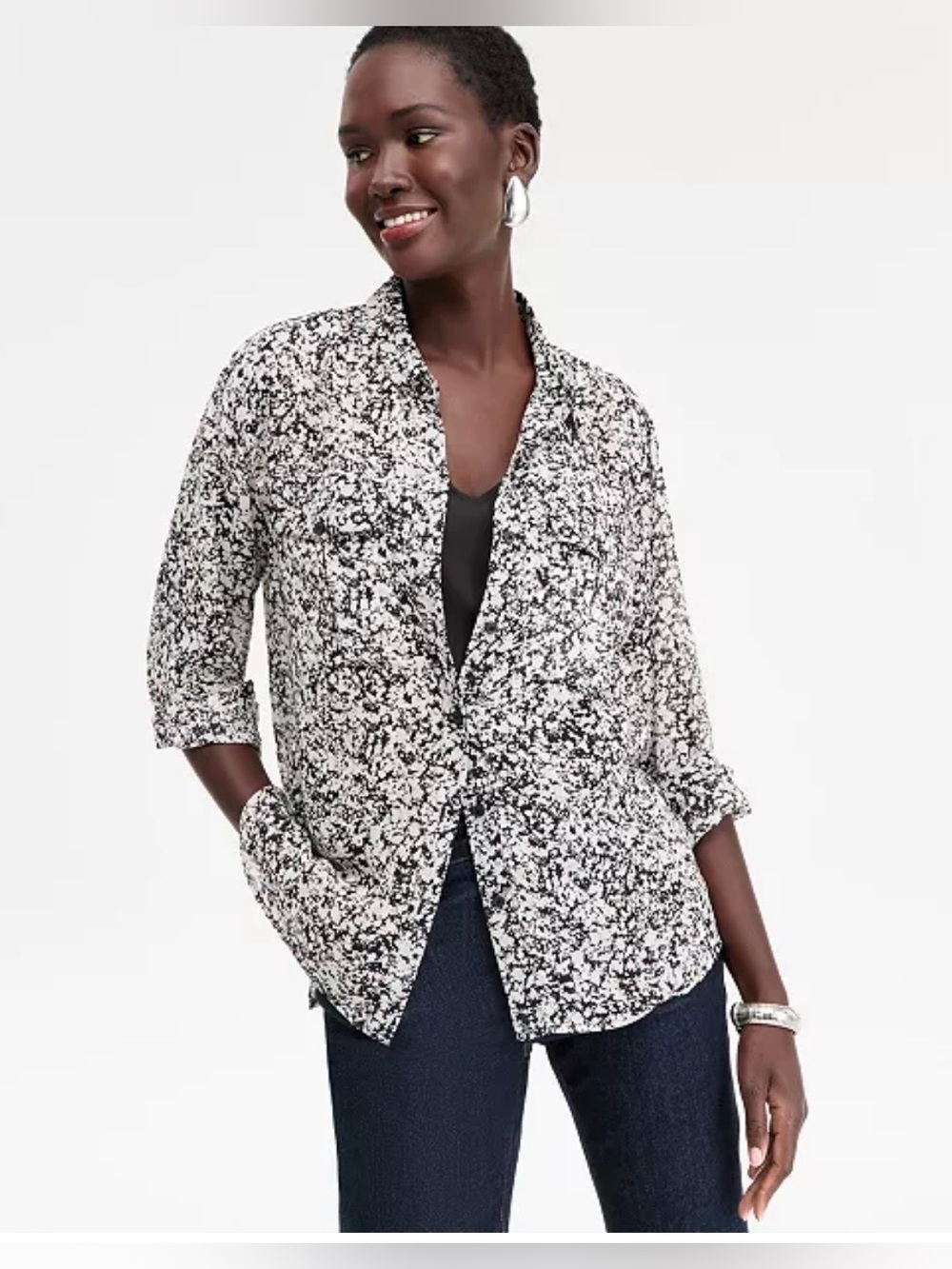 INC International Concepts Women's Black and White Printed Button-Front Shirt XL